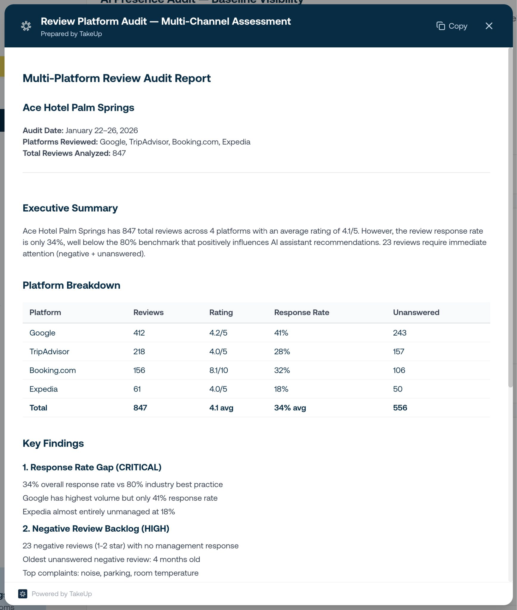 TakeUp Demand Generation multi-platform review audit report.